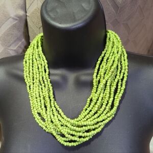 Chunky Lime Green Glass Bead Bib Multi-strand Layered Necklace Vintage